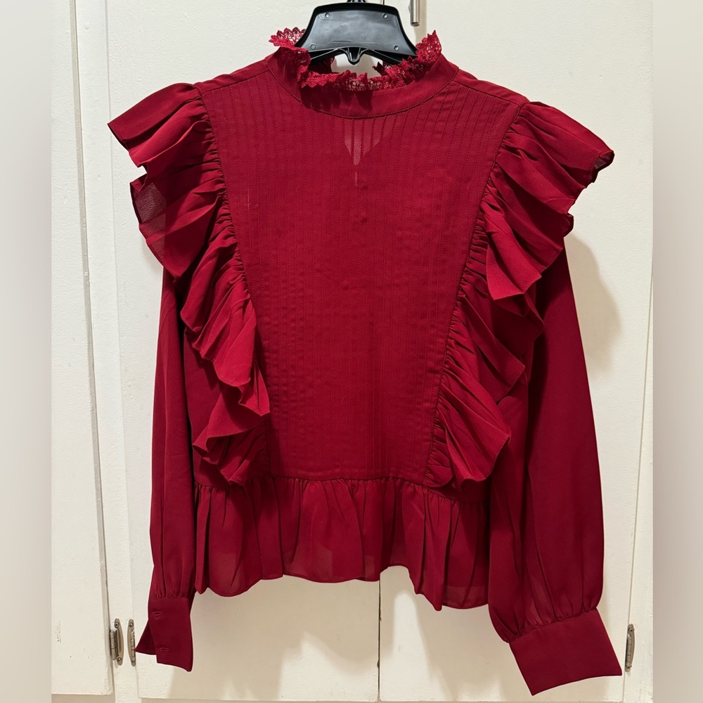 Valencia & Vine Maroon/Burgundy long sleeve ruffle detail shirt